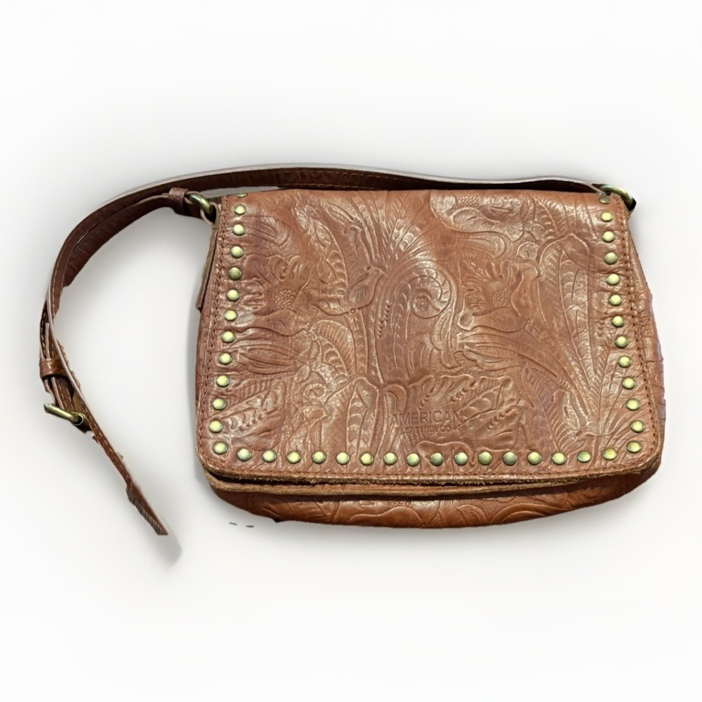 AMERICAN LEATHER COMPANY TOOLED/EMBOSSED LEATHER TAN SHOULDER BAG